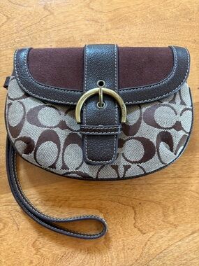 Coach Brown Signature Canvas Wristlet with Suede Flap